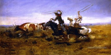 oh cowboys longe un bouvillon 1892 Charles Marion Russell Indiana cow boy Peinture à l'huile